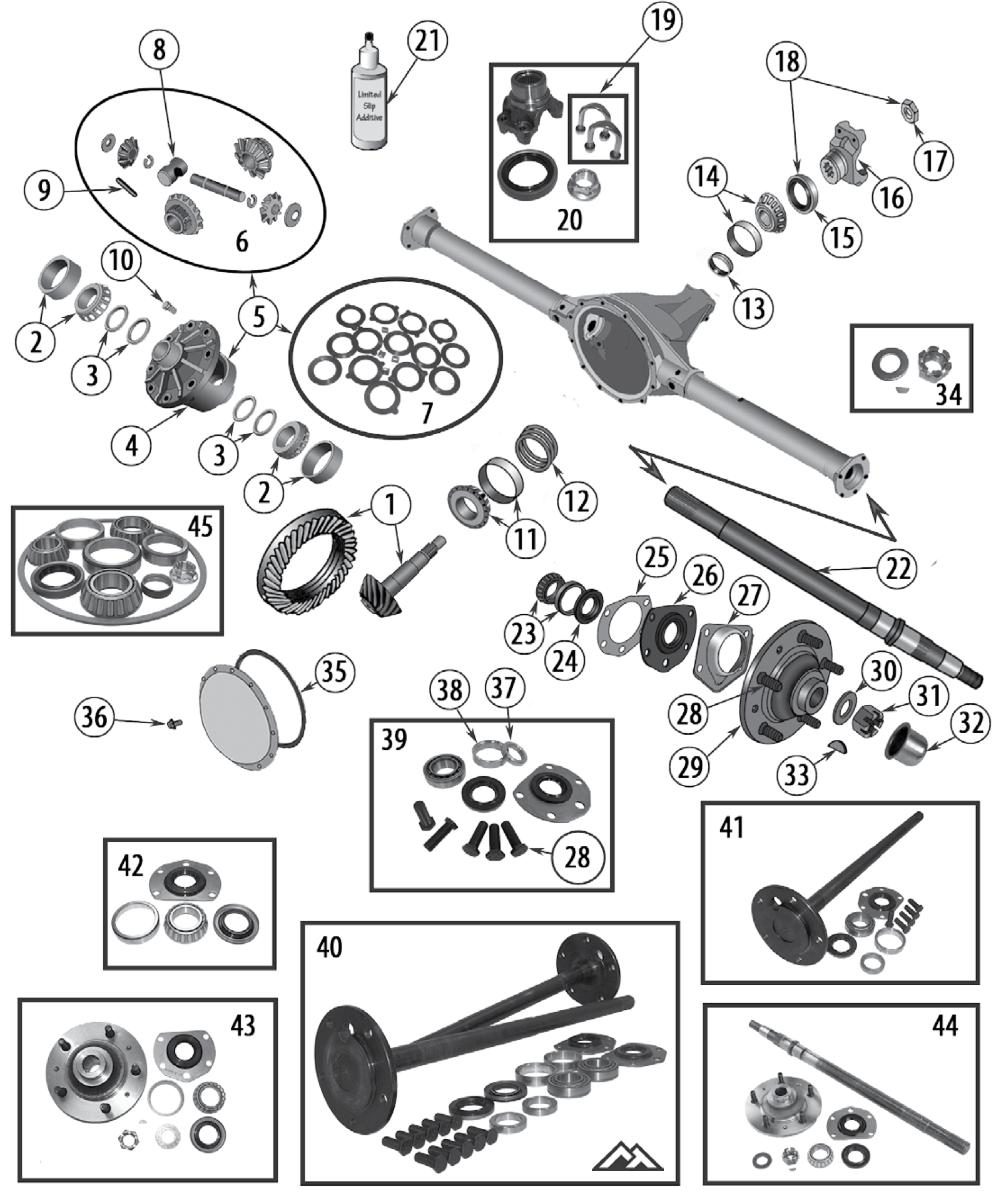 Exploded diagram of the AMC 20 rear axle. Numbered callouts match the table below.