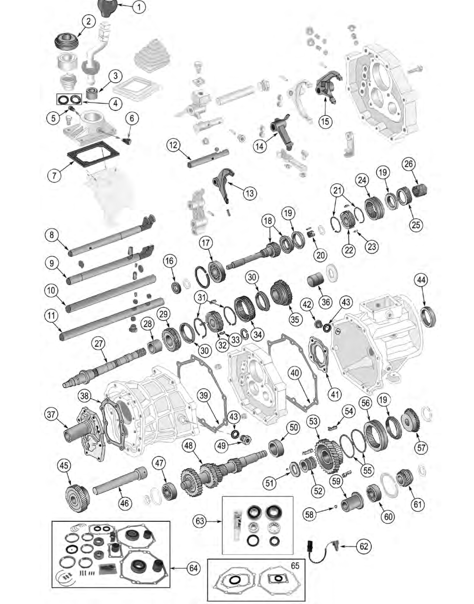 Aisin-Warner AX4 and AX5 transmission. Numbered callouts match the table below.
