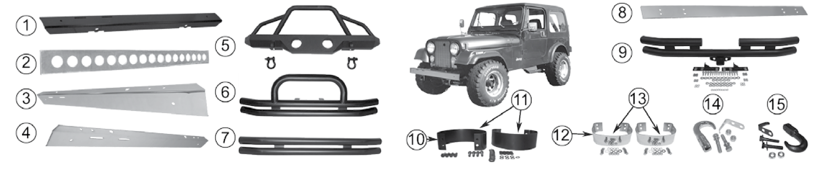 Bumpers, bumperettes, and tow hooks. Numbered callouts match the table below.