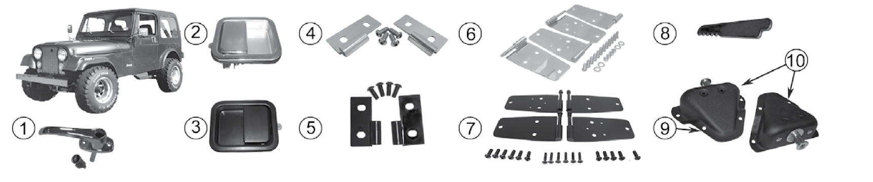 Door handles, hinges, and strikers. Numbered callouts match the table below.