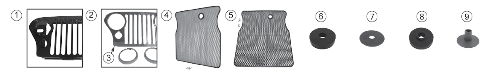 Grilles, screens, and mounting parts. Numbered callouts match the table below.