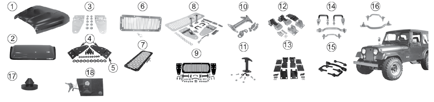 Hood, cowl, and catch parts. Numbered callouts match the table below.