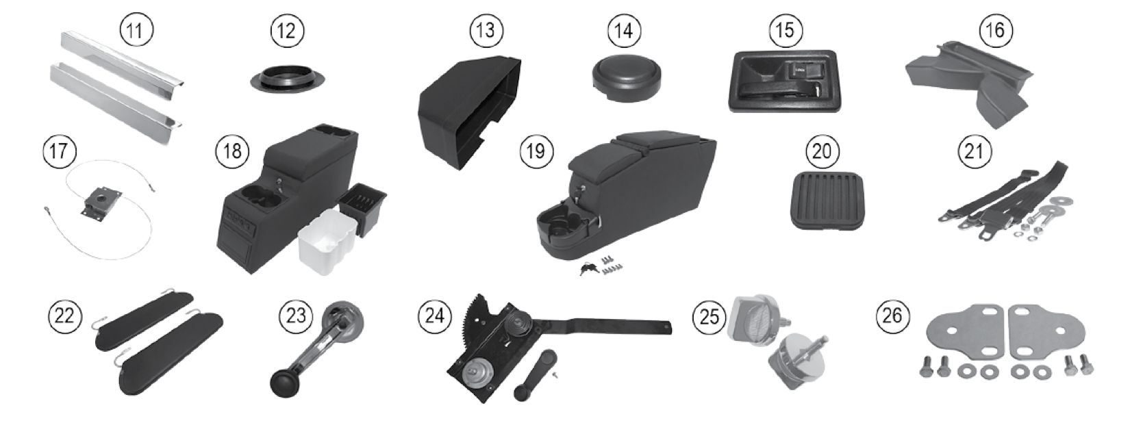 Interior accessories, items 11 through 26. Numbered callouts match the table below.
