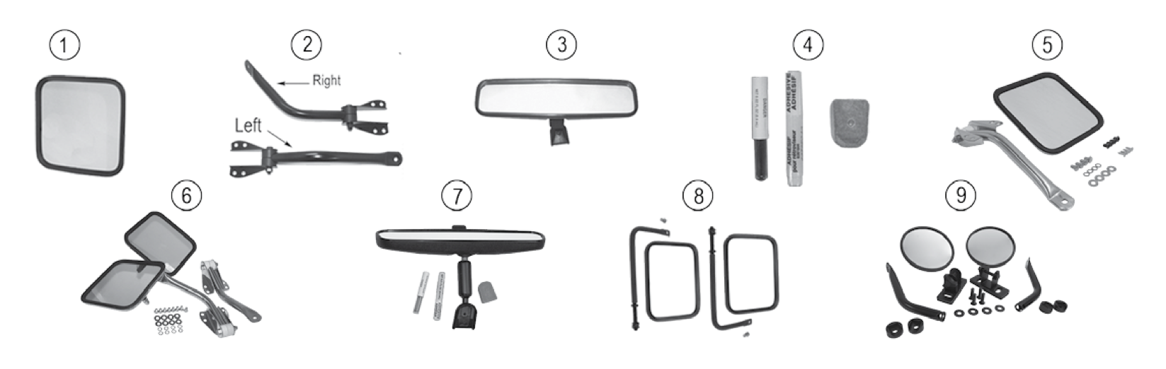 Side mirrors and rearview mirrors. Numbered callouts match the table below.