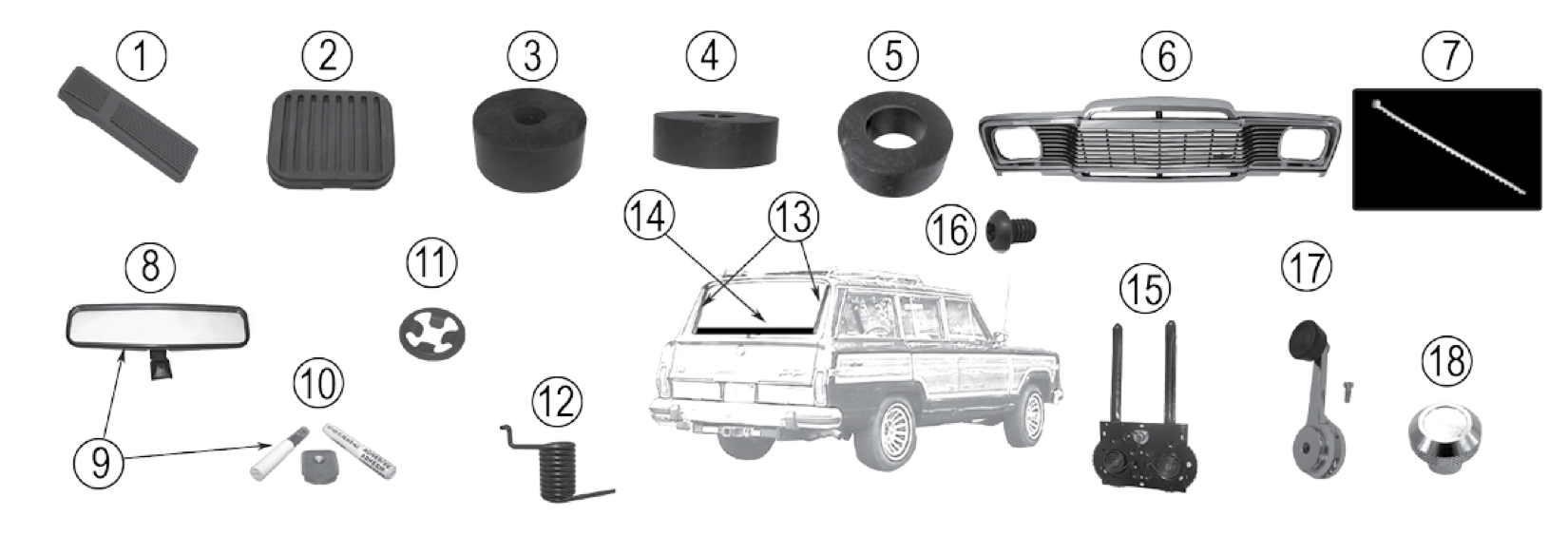 Miscellaneous parts for vintage Jeep and Willys vehicles. Numbered callouts match the table below.