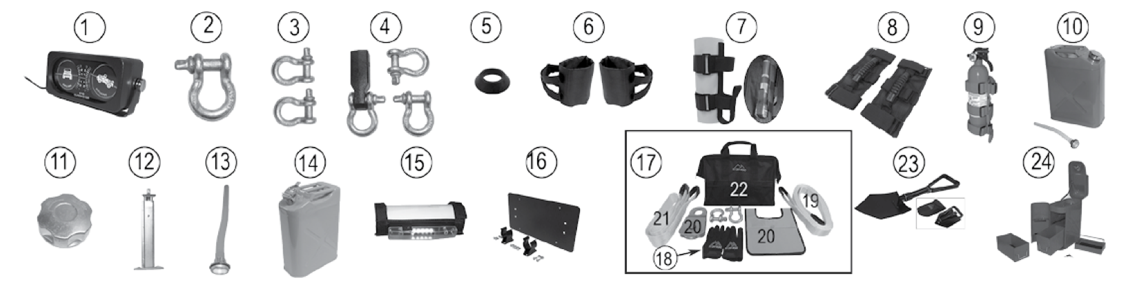 Universal accessories and recovery gear. Numbered callouts match the table below.