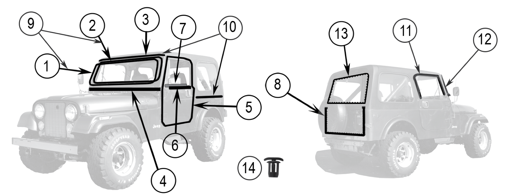 Weatherstrip and seal locations. Numbered callouts match the table below.