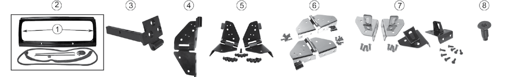 Windshield frames and hinges. Numbered callouts match the table below.