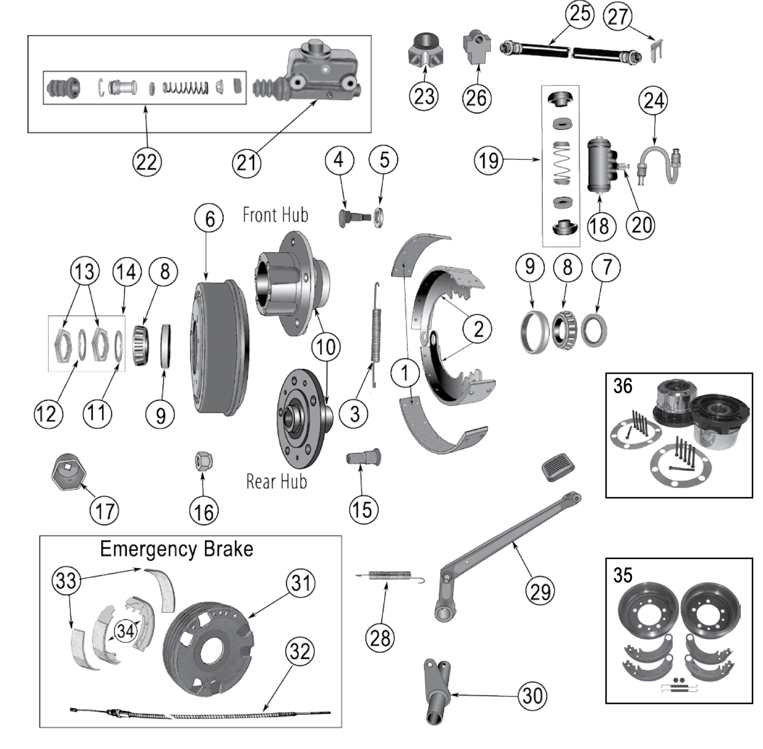 Exploded view of the 1945-1949 CJ-2A drum, hub, and emergency brakes. Numbered callouts match the table below.
