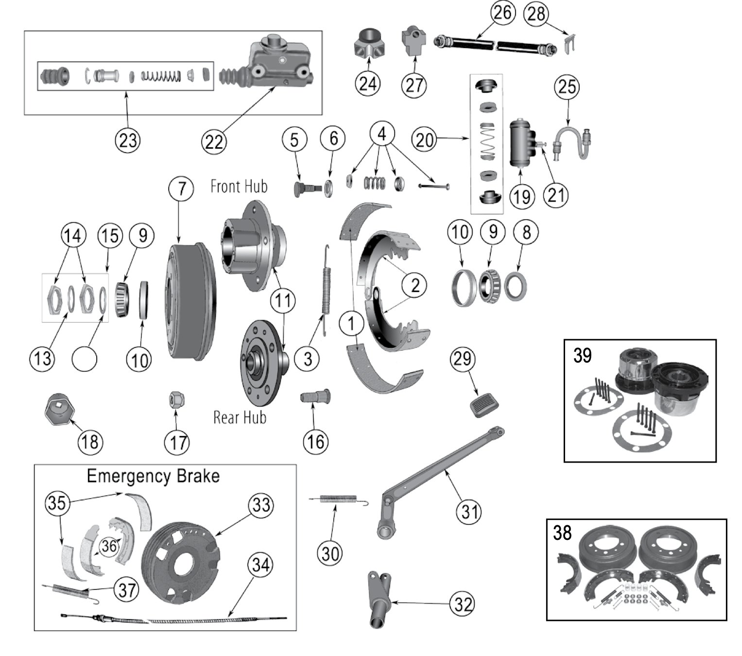 Exploded view of the 1953-1968 CJ-3B drum, hub, and emergency brakes. Numbered callouts match the table below.