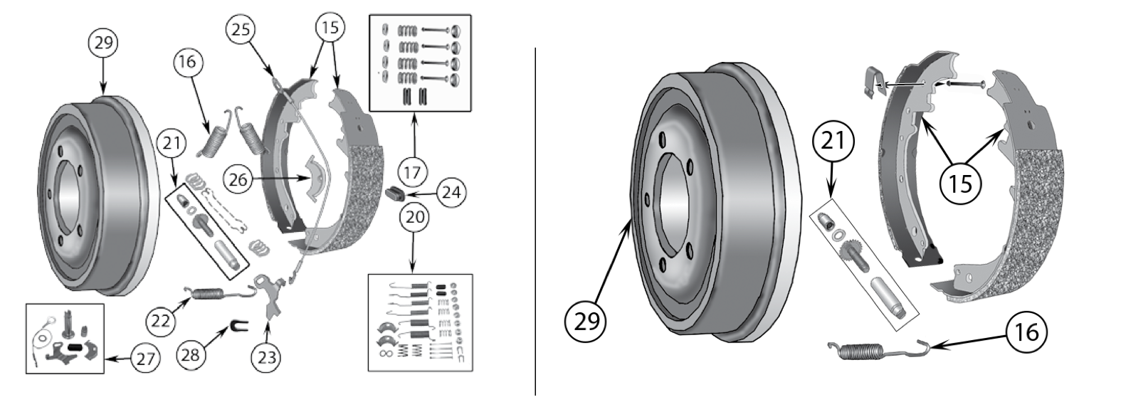 Brake shoes, drums, and hardware for the CJ-5 and CJ-6. Numbered callouts match the table below.
