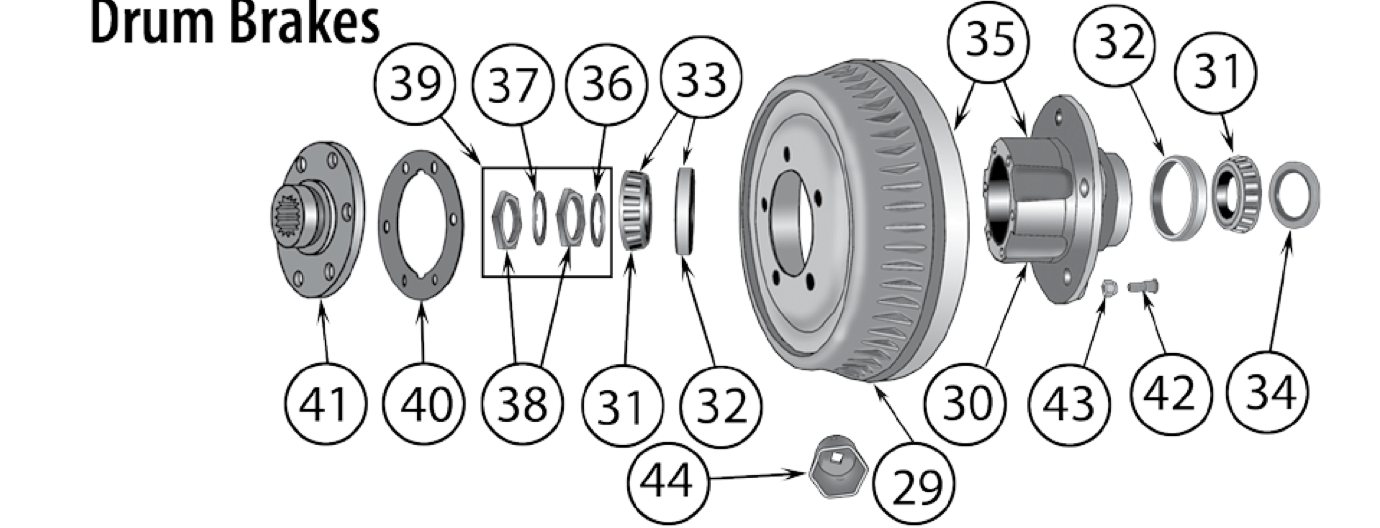 Drum, hub, bearings, and axle nuts for the CJ-5 and CJ-6. Numbered callouts match the table below.