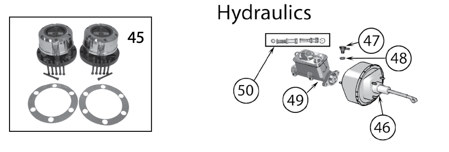 Wheel cylinders, booster, and master cylinder for the CJ-5 and CJ-6. Numbered callouts match the table below.