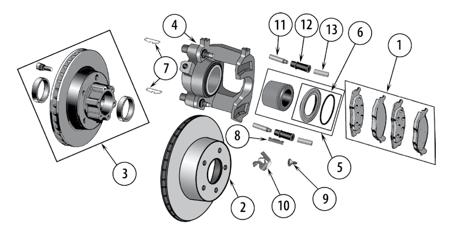 Front disc brake for the CJ-5 and CJ-6. Numbered callouts match the table below.