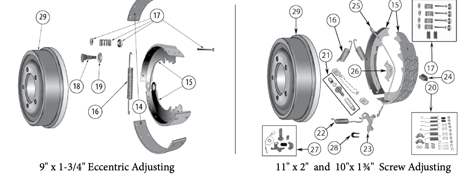 Drum brake assemblies for the CJ-5 and CJ-6. Numbered callouts match the table below.
