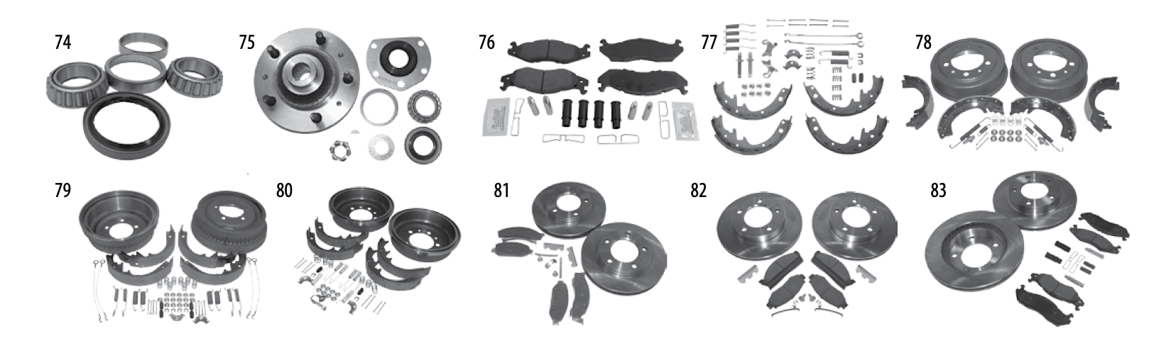 Wheel bearing, hub, pad, shoe, drum, and disc brake kits for the CJ-5 and CJ-6. Numbered callouts match the table below.