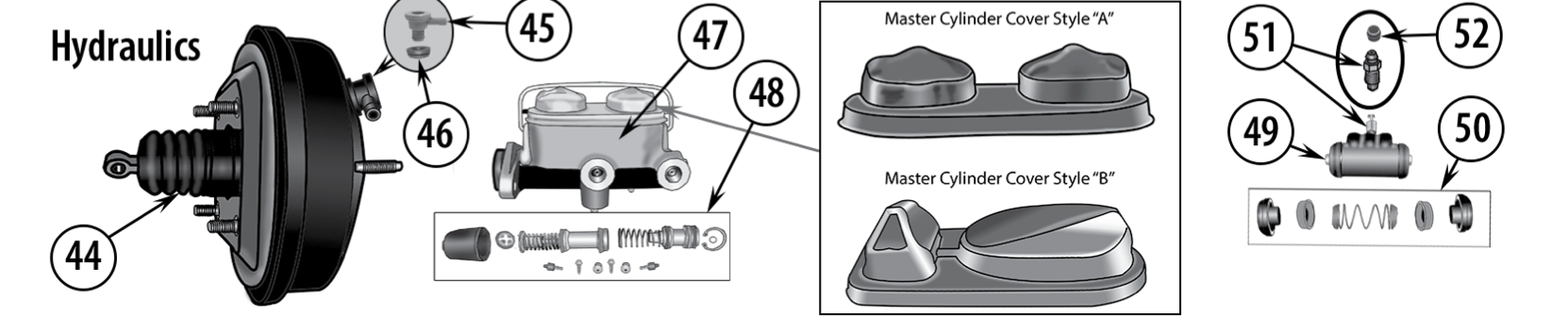 Booster, master cylinder, and wheel cylinder for the CJ-7 and CJ-8. Numbered callouts match the table below.