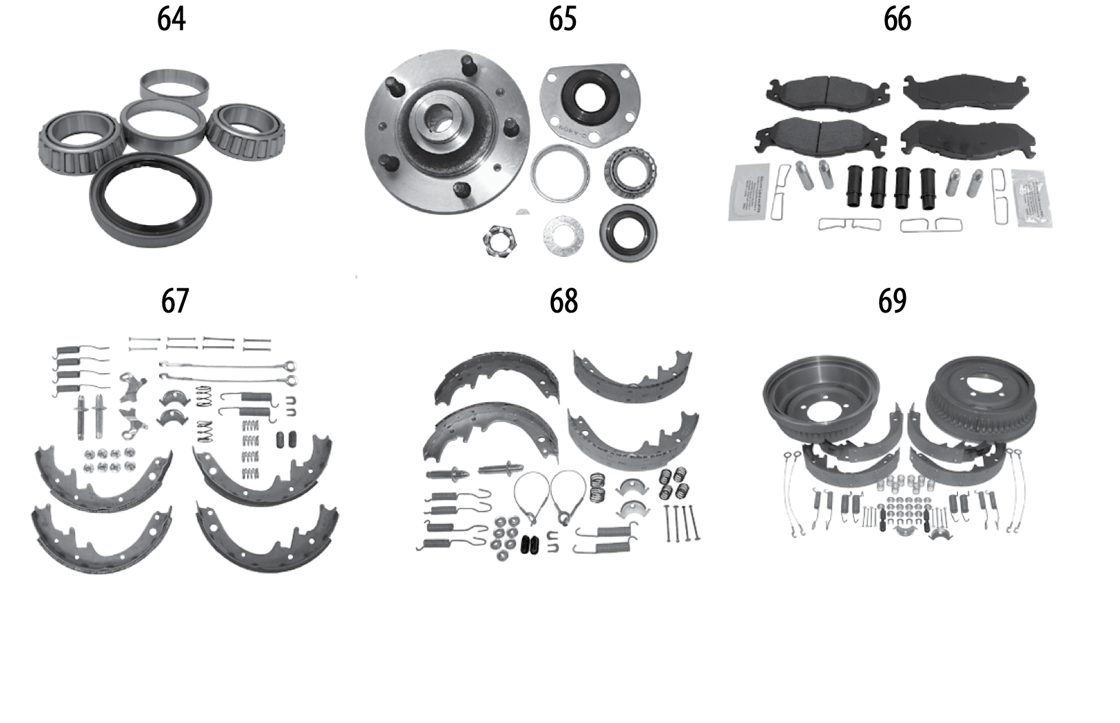 Wheel bearings, hub, pads, shoes, and drum kits for the CJ-7 and CJ-8. Numbered callouts match the table below.