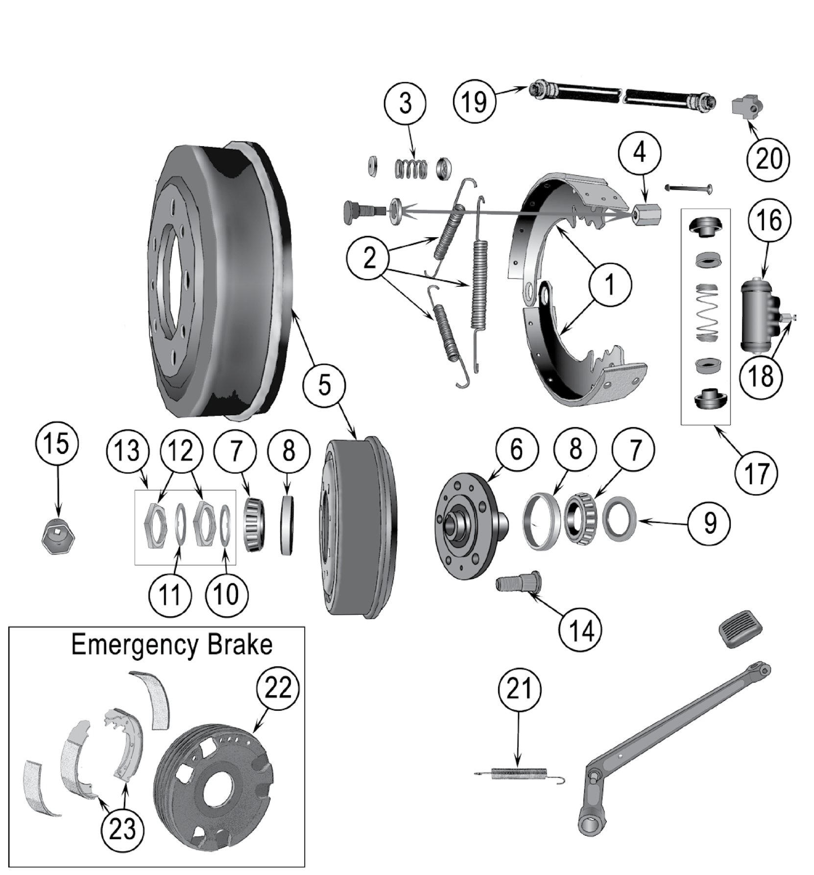 Exploded view of the FC-150 and FC-170 drum brakes. Numbered callouts match the table below.