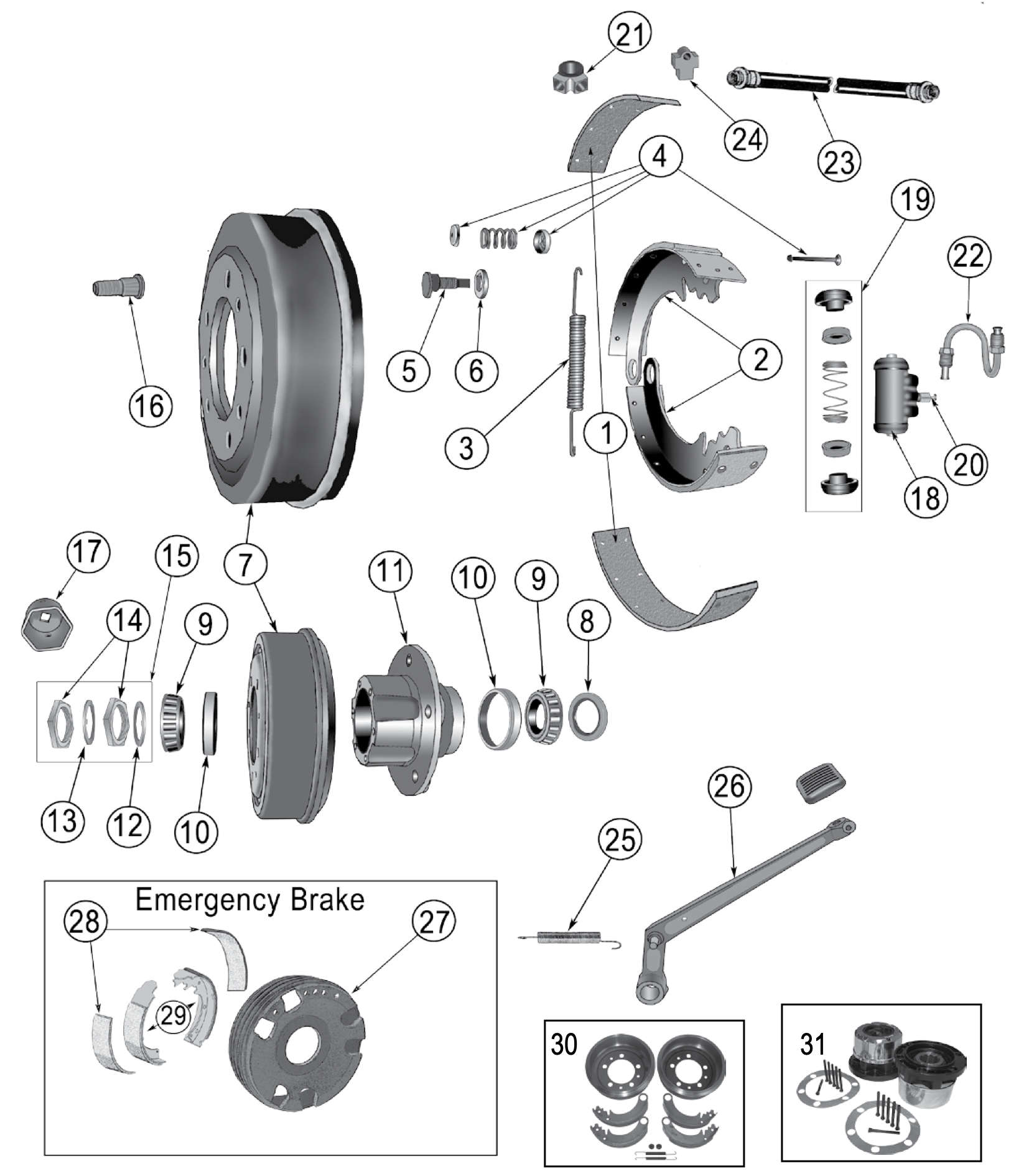 Exploded view of the M38 and M38-A1 drum, hub, and emergency brakes. Numbered callouts match the table below.