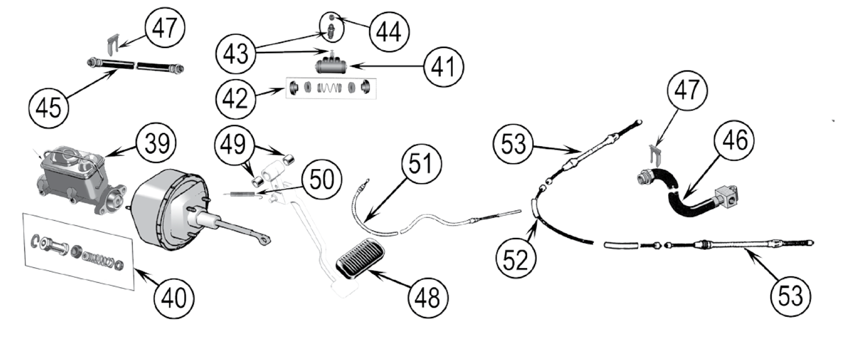 Master cylinder, pedal, parking-brake cables, and rear hose for the SJ and J-Series. Numbered callouts match the table below.