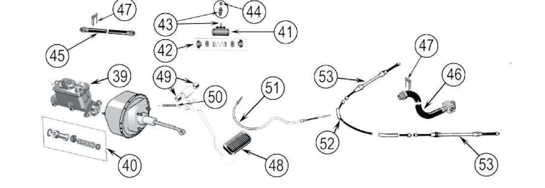 Master cylinder, pedal, parking-brake cables, and rear hose for the SJ and J-Series. Numbered callouts match the table below.
