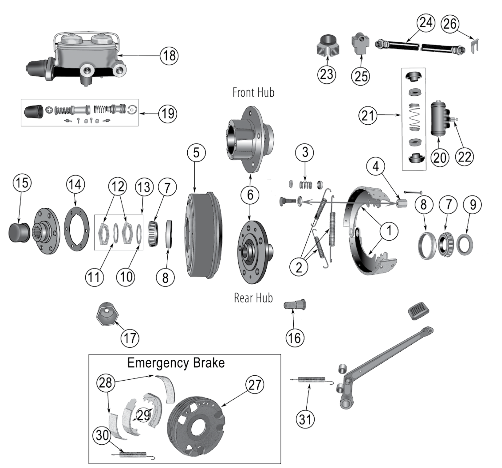 Exploded view of the Willys pickup, sedan delivery, station wagon, and Jeepster brakes. Numbered callouts match the table below.