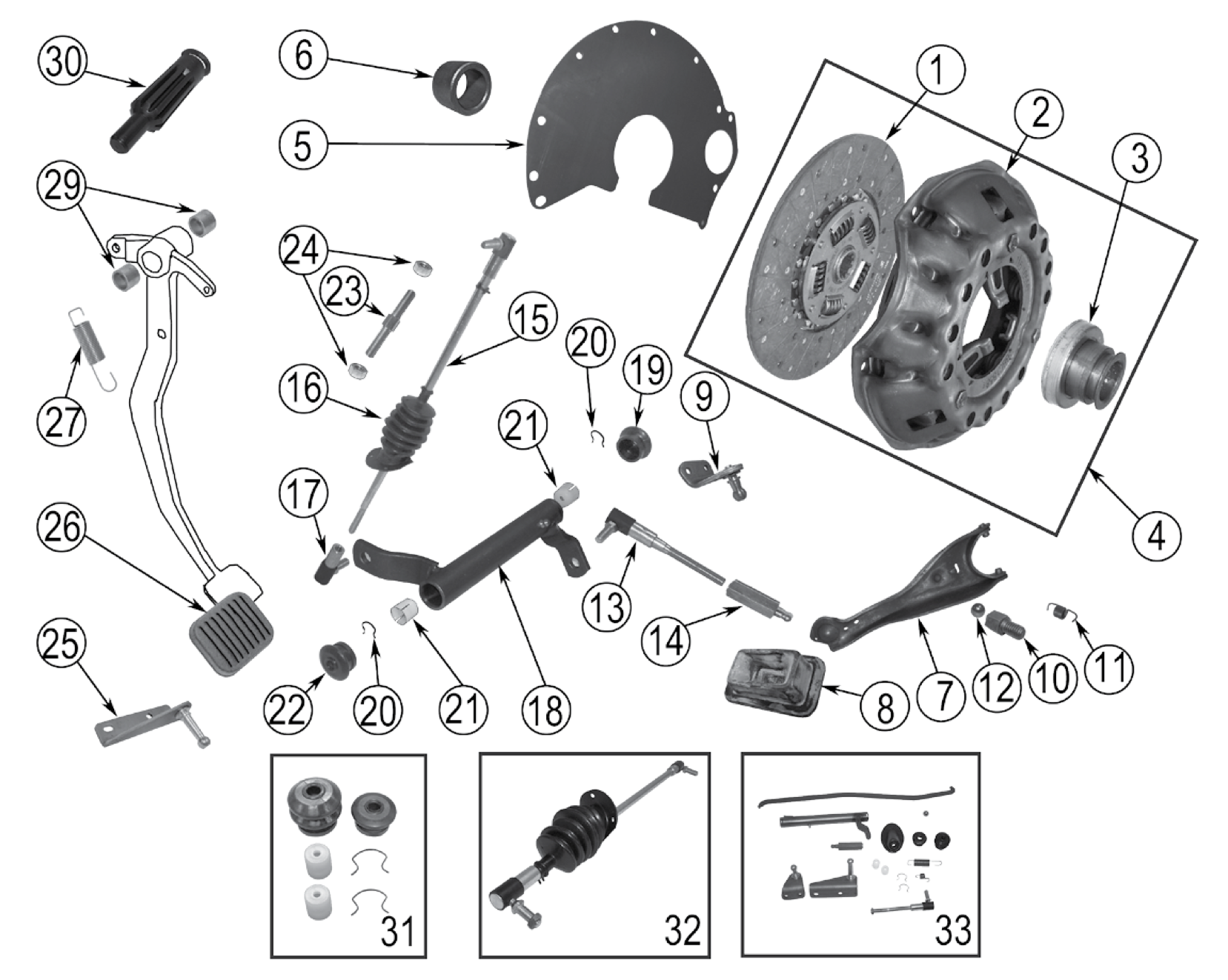 Exploded diagram of the 3.8L and 4.2L six-cylinder clutch. Numbered callouts match the table below.