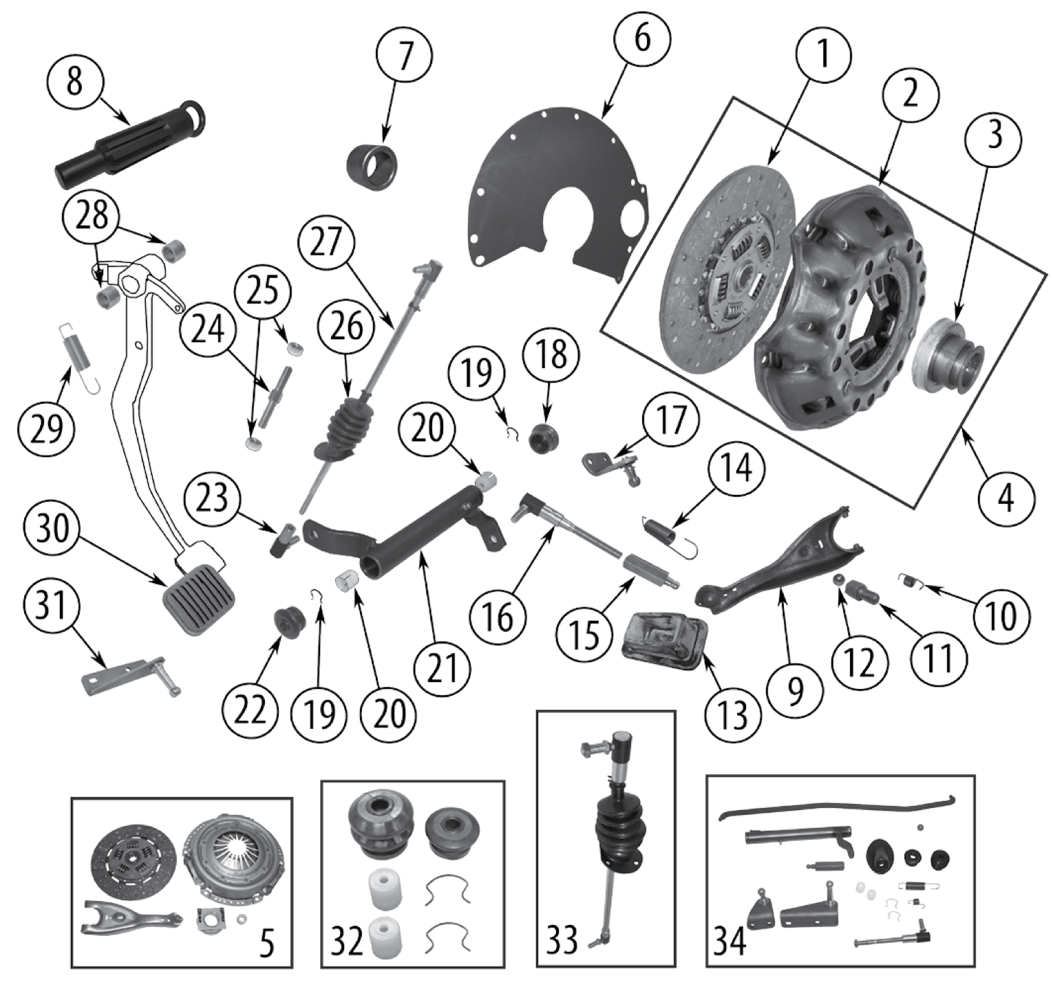 Second exploded diagram of the 5.0L, 5.9L, and 6.6L V8 clutch. Numbered callouts match the table below.