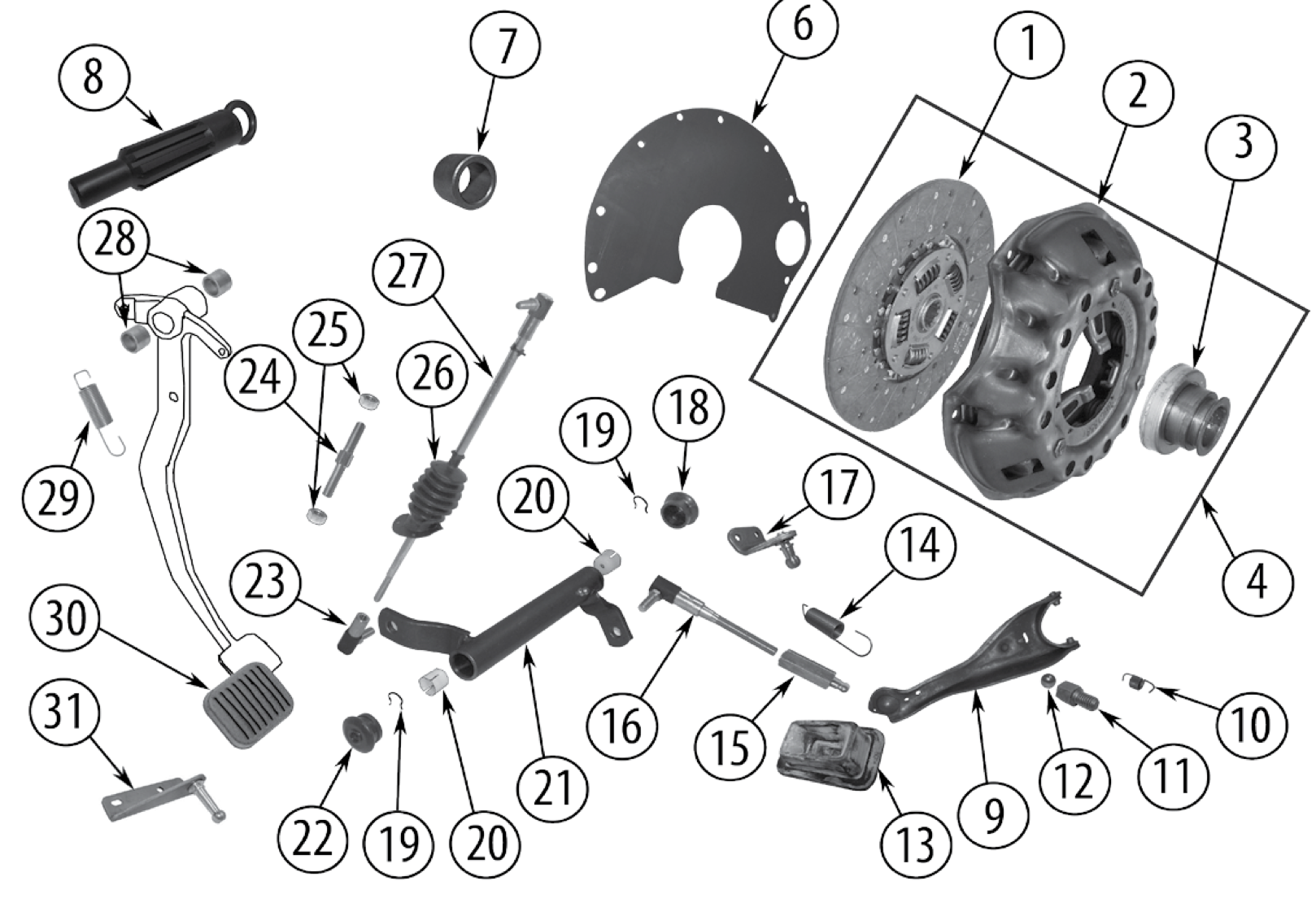 Exploded diagram of the 5.0L, 5.9L, and 6.6L V8 clutch. Numbered callouts match the table below.