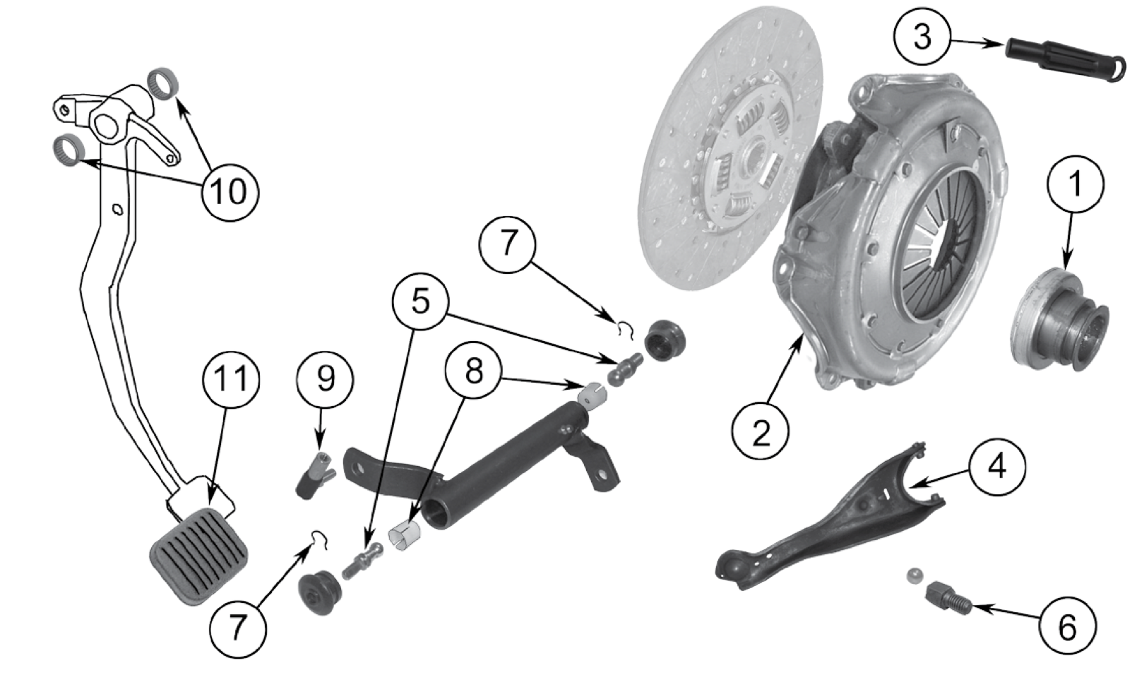 Exploded diagram of the 5.4L and 5.7L V8 clutch. Numbered callouts match the table below.