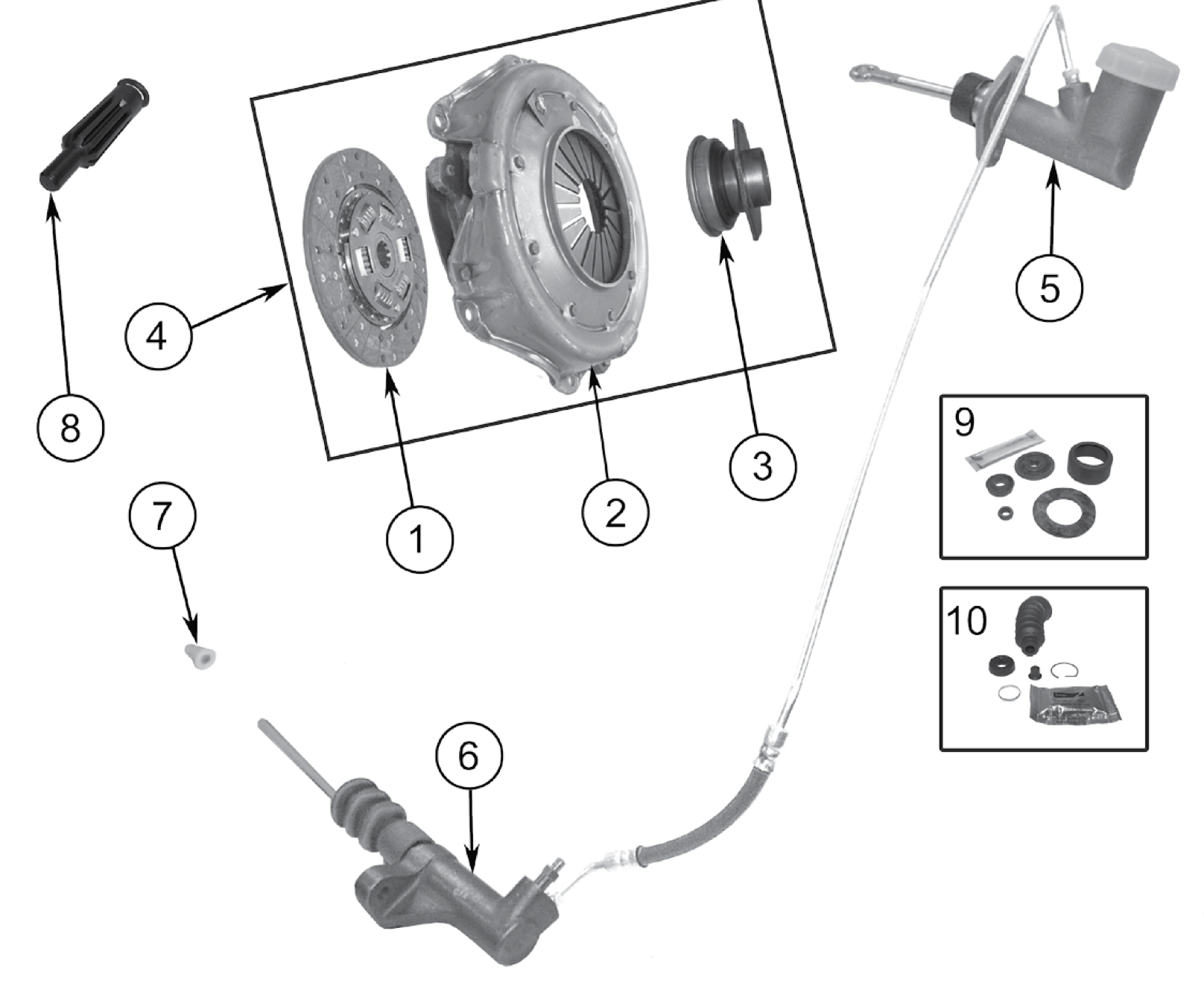 Exploded diagram of the AMC 2.5L clutch. Numbered callouts match the table below.