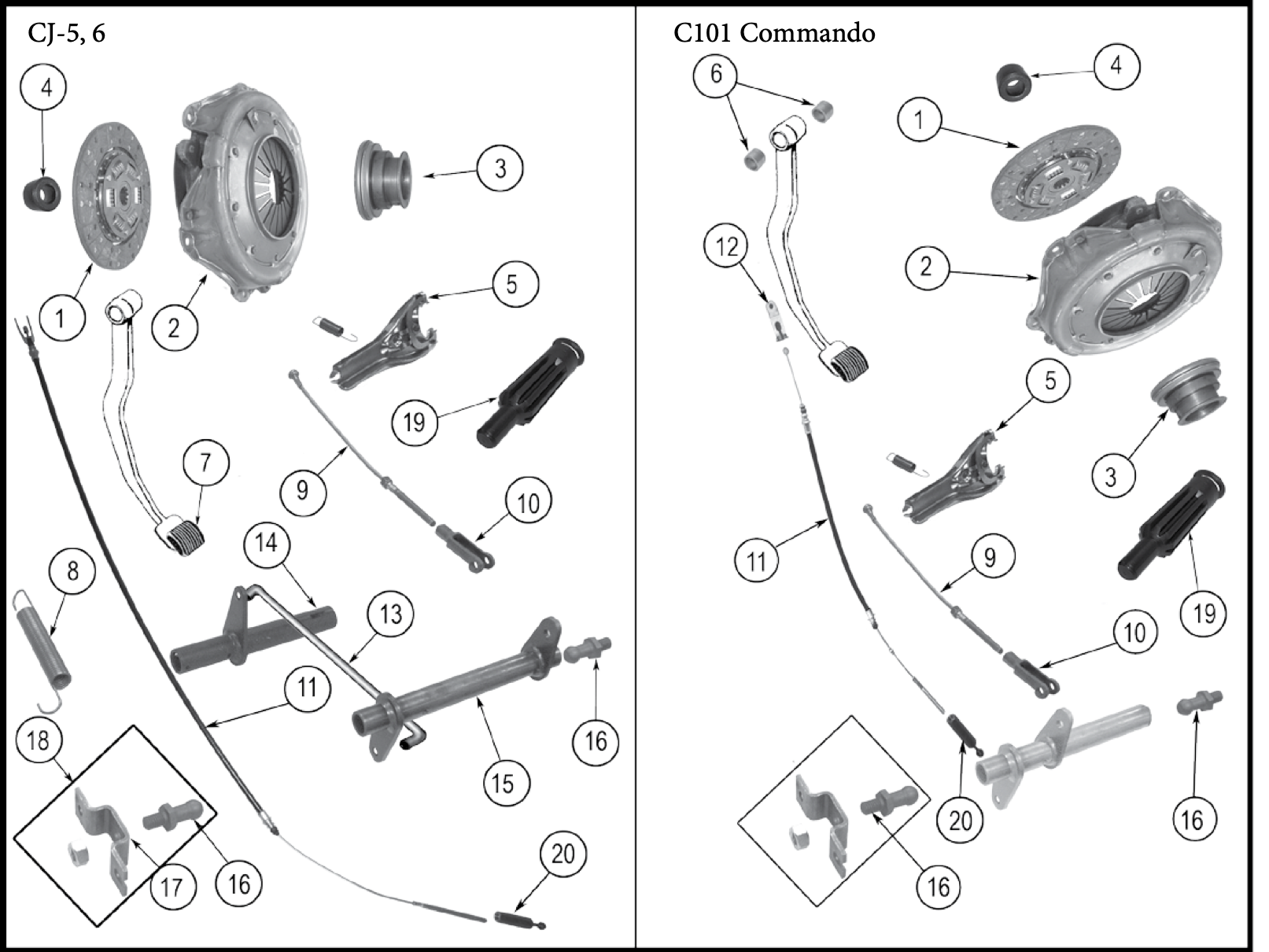 Exploded diagram of the 3.7L V6-225 clutch for CJ-5, CJ-6, and C101 Commando. Numbered callouts match the table below.