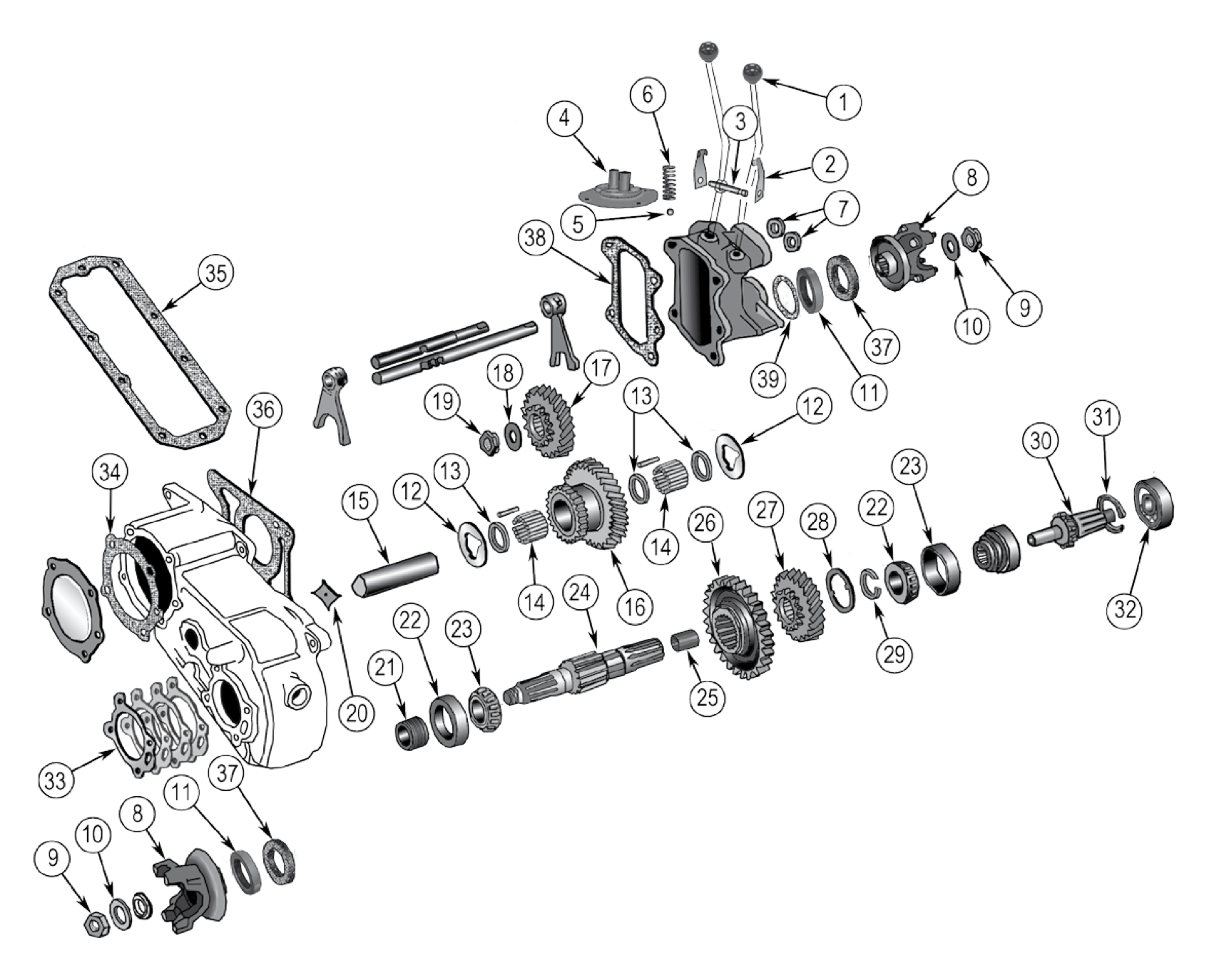Dana 18 transfer case. Numbered callouts match the table below.