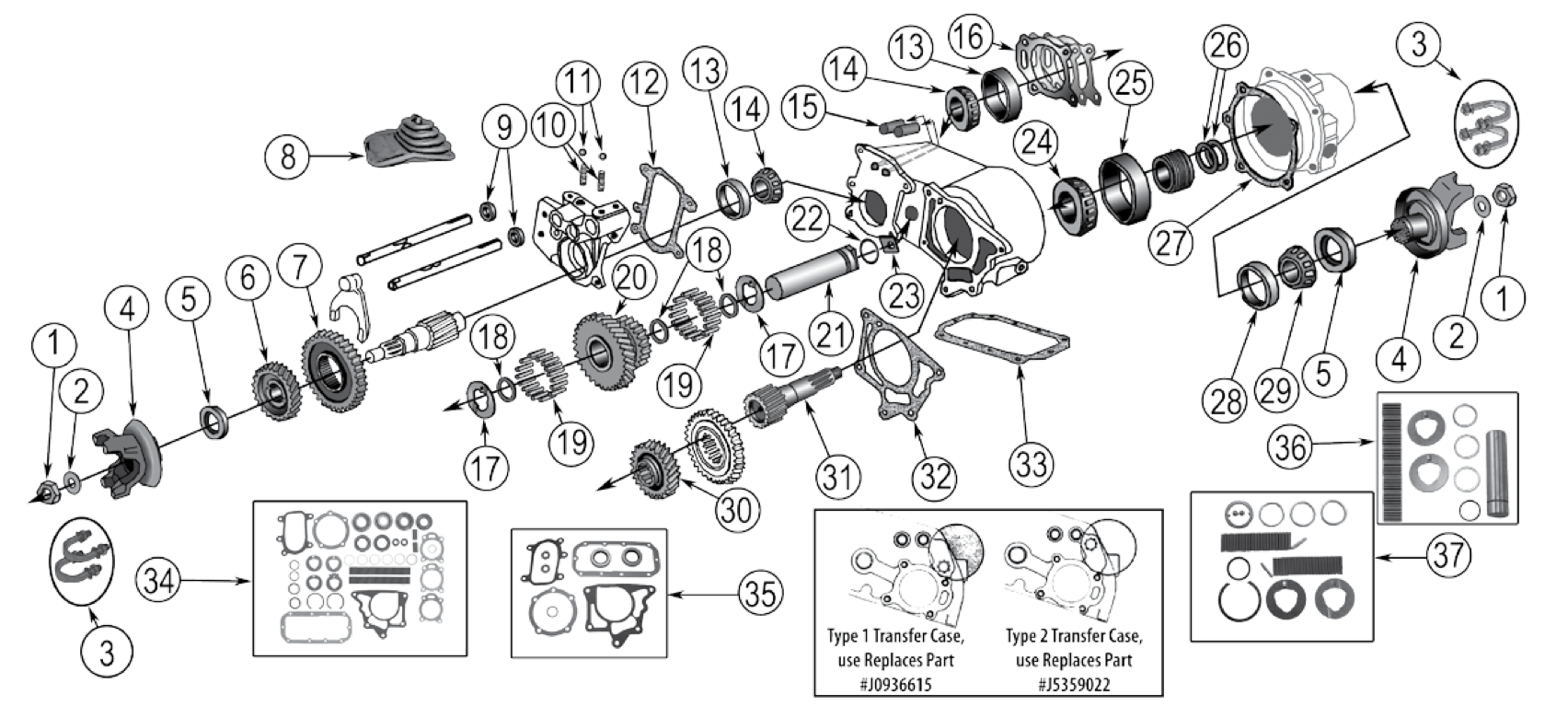 Dana 20 transfer case. Numbered callouts match the table below.