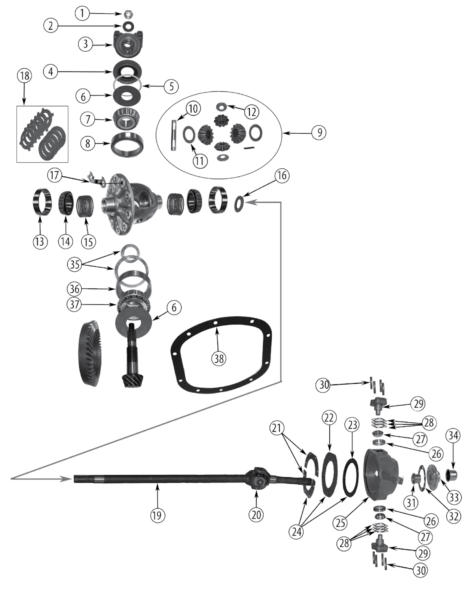 Exploded diagram of the Dana 25 front axle. Numbered callouts match the table below.