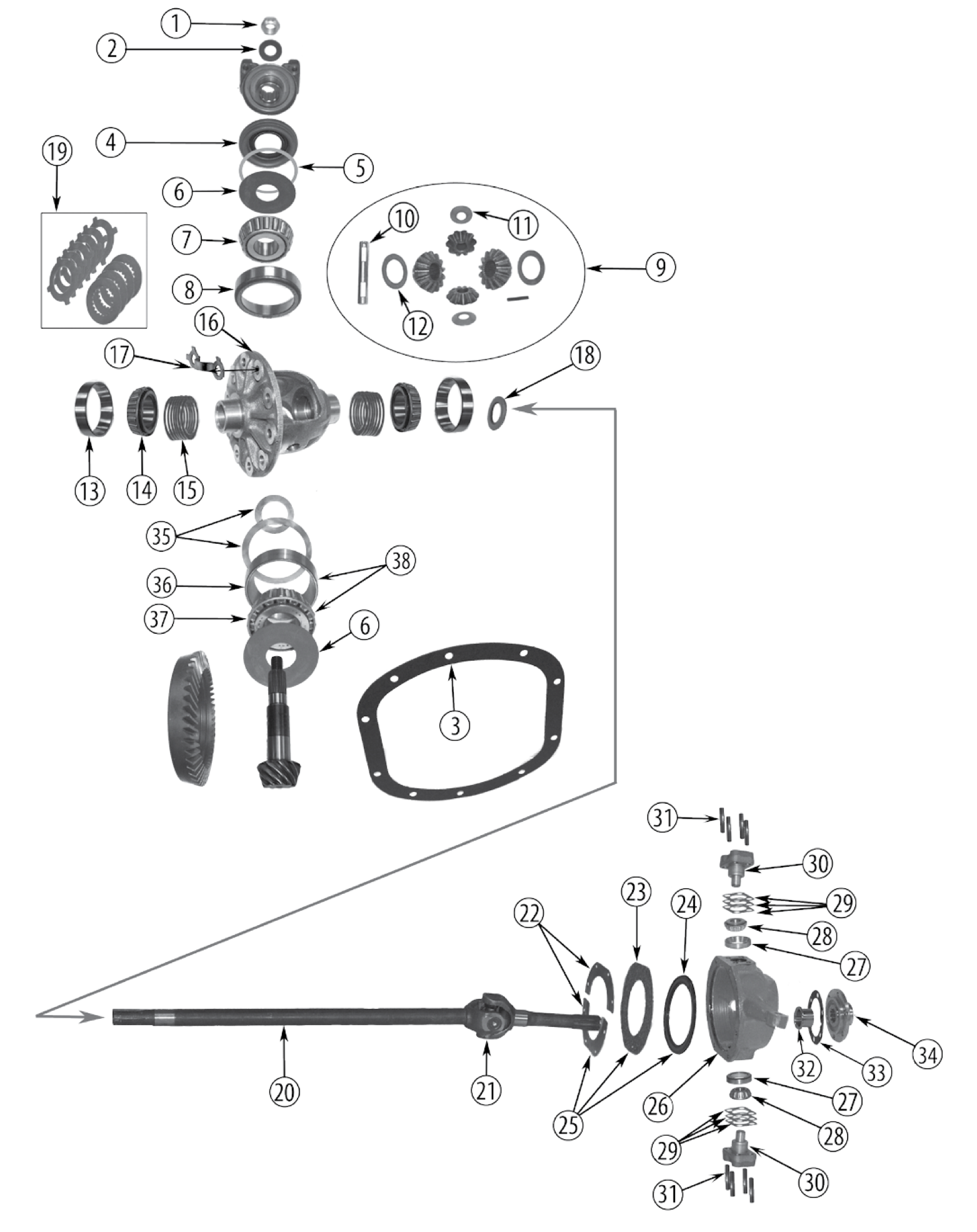 Exploded diagram of the Dana 27 front axle. Numbered callouts match the table below.