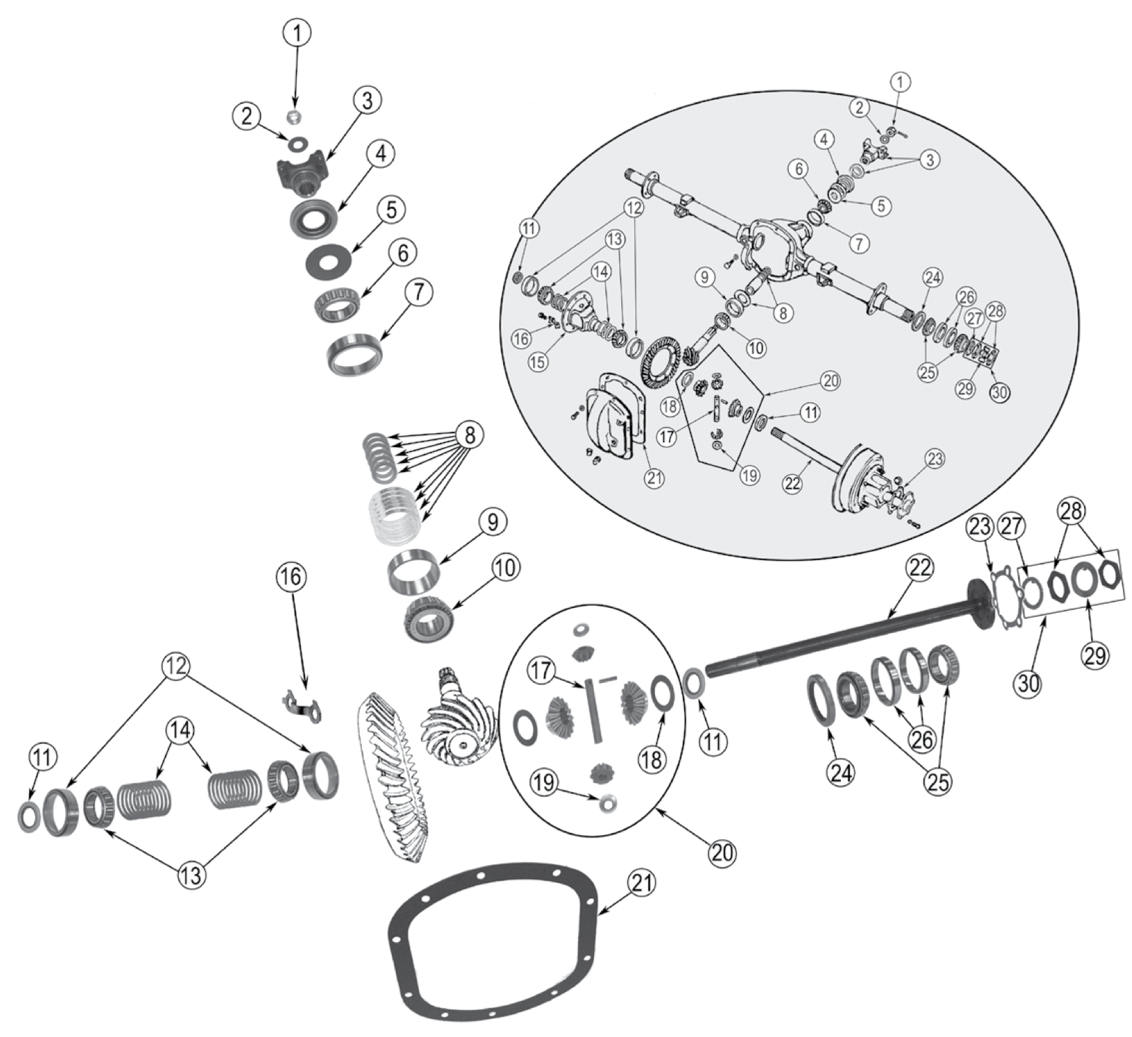 Exploded diagram of the Dana 27 rear axle. Numbered callouts match the table below.