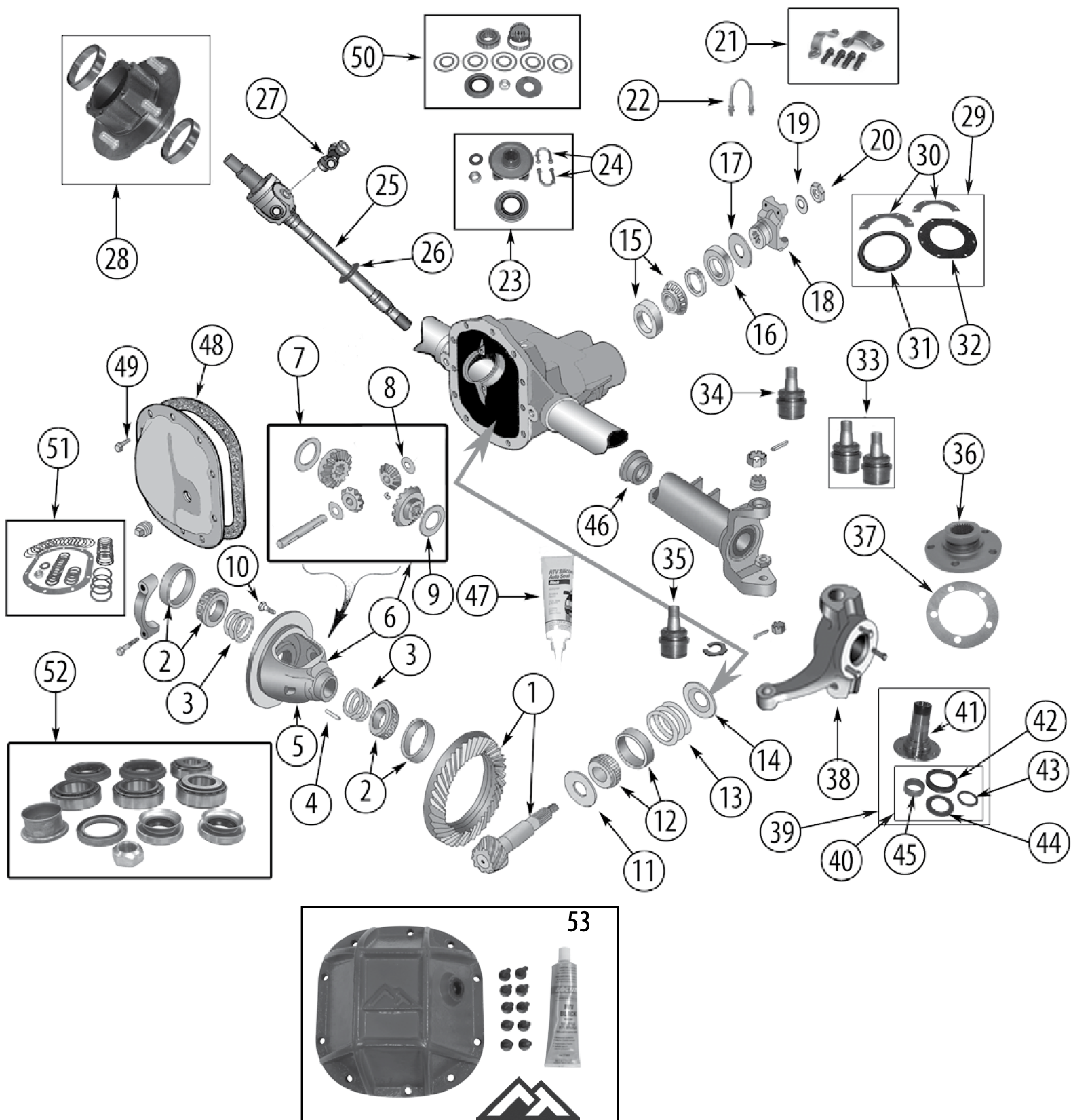 Exploded diagram of the Dana 30 front axle. Numbered callouts match the table below.