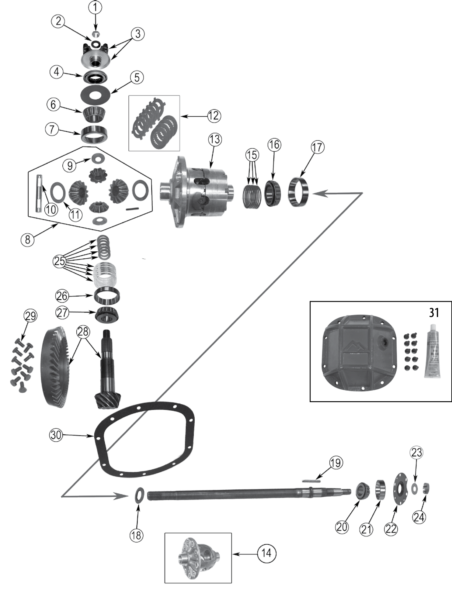 Exploded diagram of the Dana 30 rear axle. Numbered callouts match the table below.