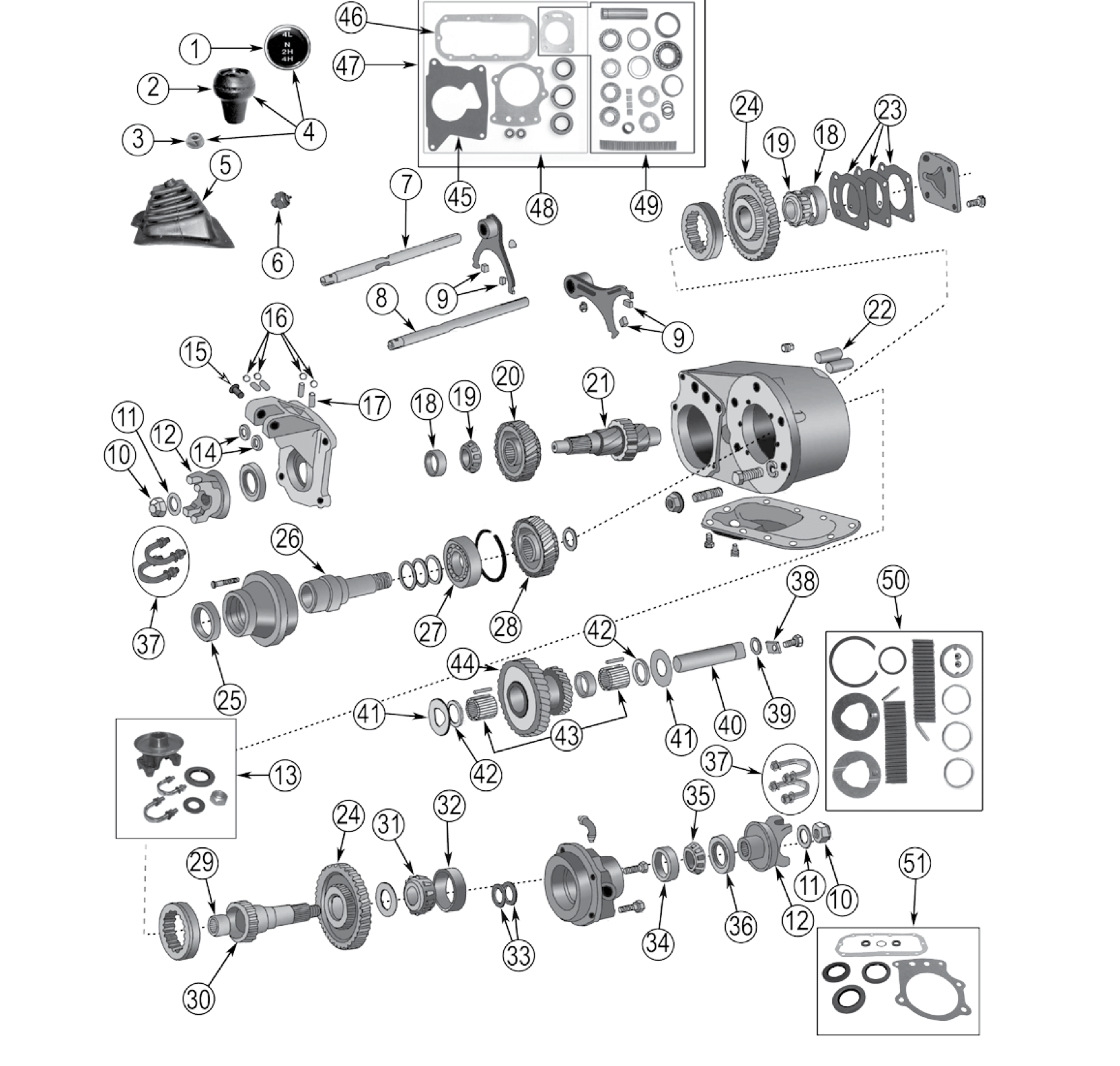 Dana 300 transfer case. Numbered callouts match the table below.