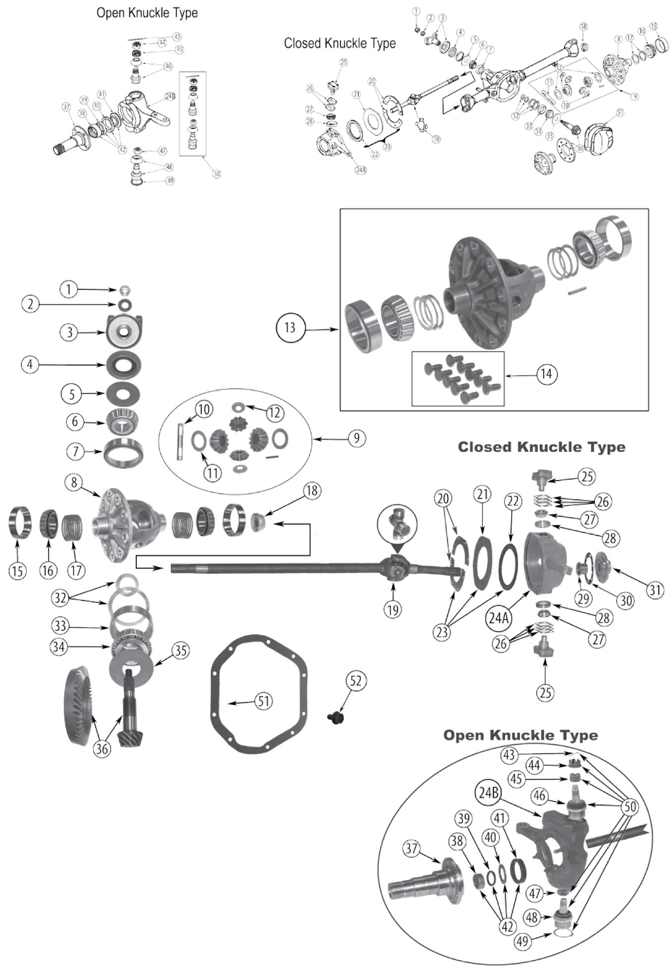 Exploded diagram of the Dana 44 front axle. Numbered callouts match the table below.