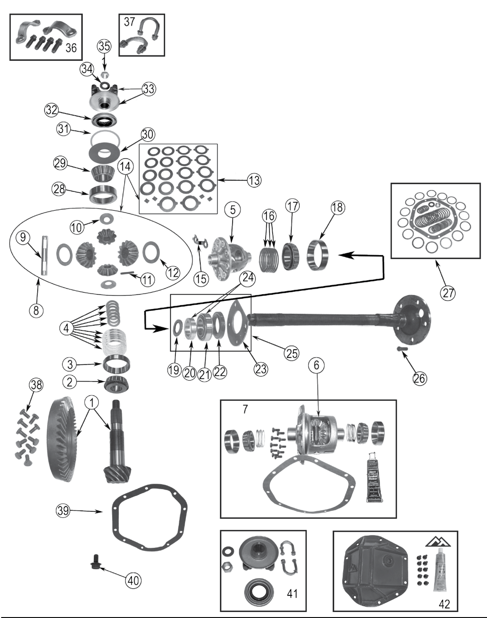 Exploded diagram of the Dana 44 rear axle with flanged axles. Numbered callouts match the table below.