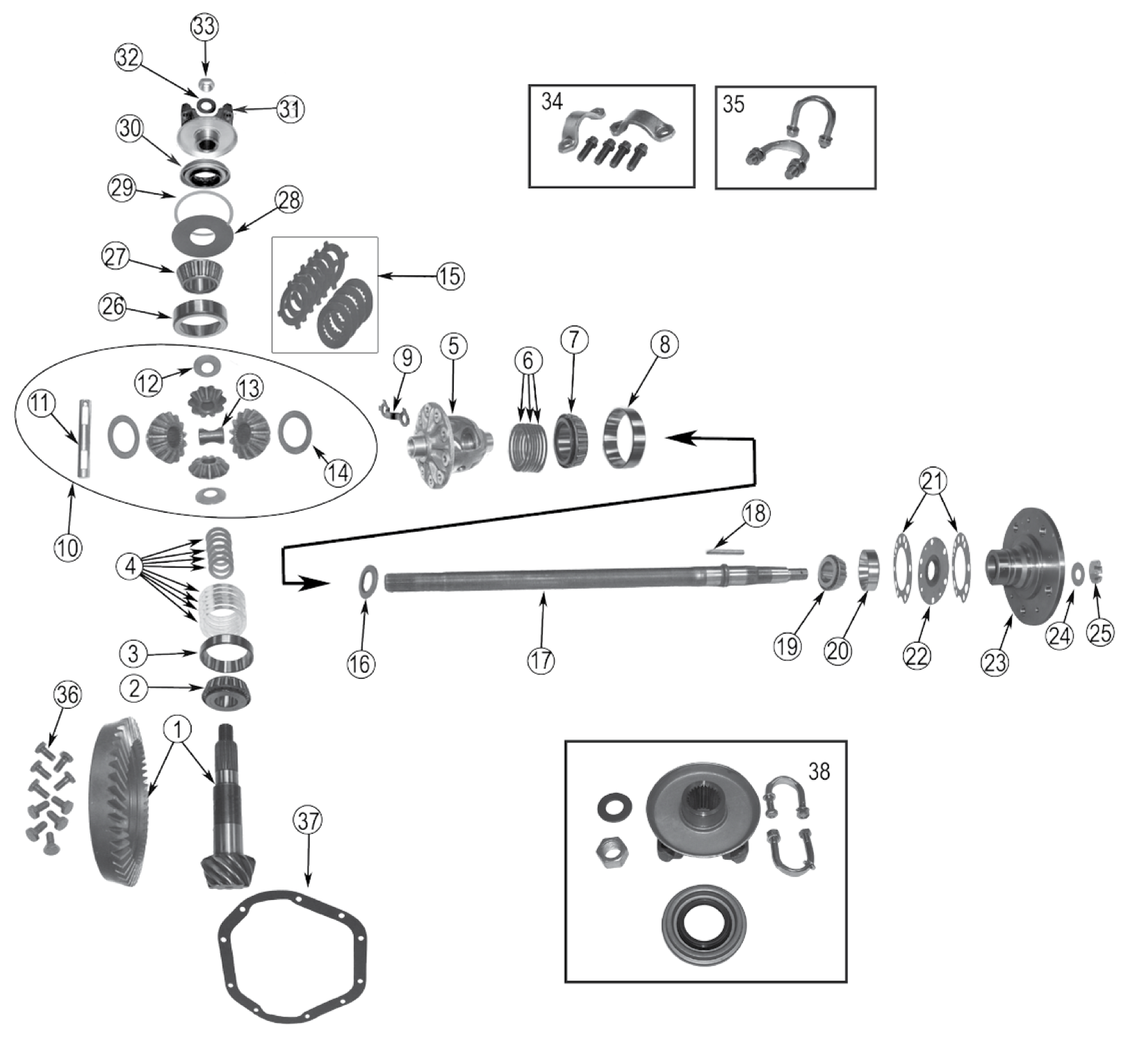 Exploded diagram of the Dana 44 rear axle with tapered axles. Numbered callouts match the table below.
