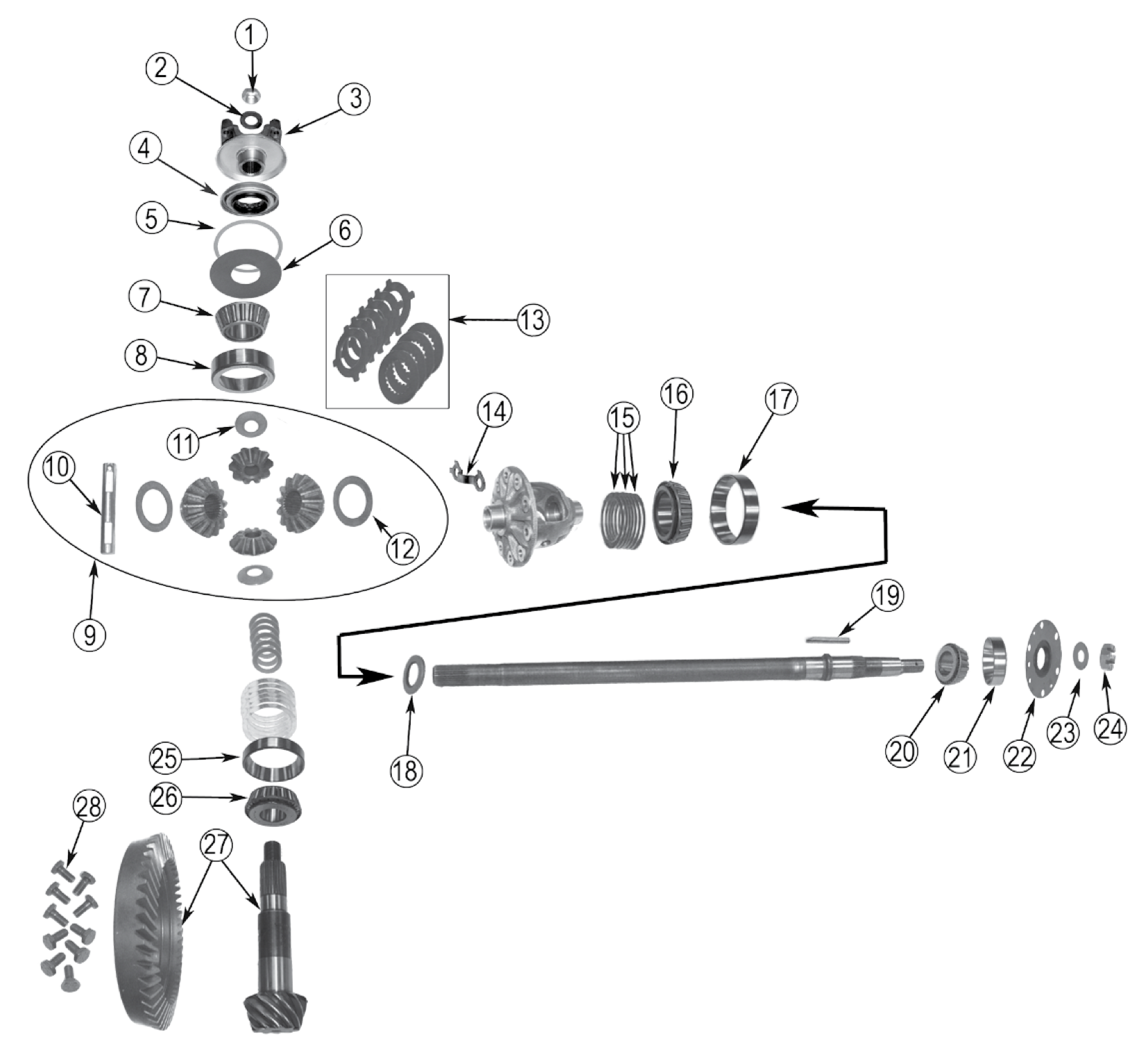 Exploded diagram of the Dana 53 rear axle. Numbered callouts match the table below.