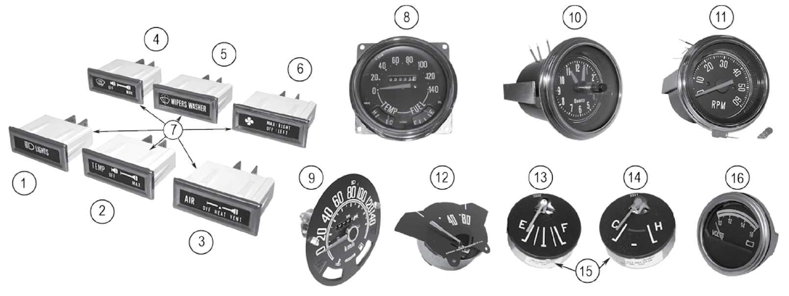 Dash lights, gauges, and speedometers. Numbered callouts match the table below.