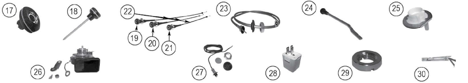 Knobs, cables, turn signal levers, and horns. Numbered callouts match the table below.