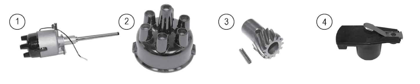 Distributors, caps, gears, and rotors. Numbered callouts match the table below.