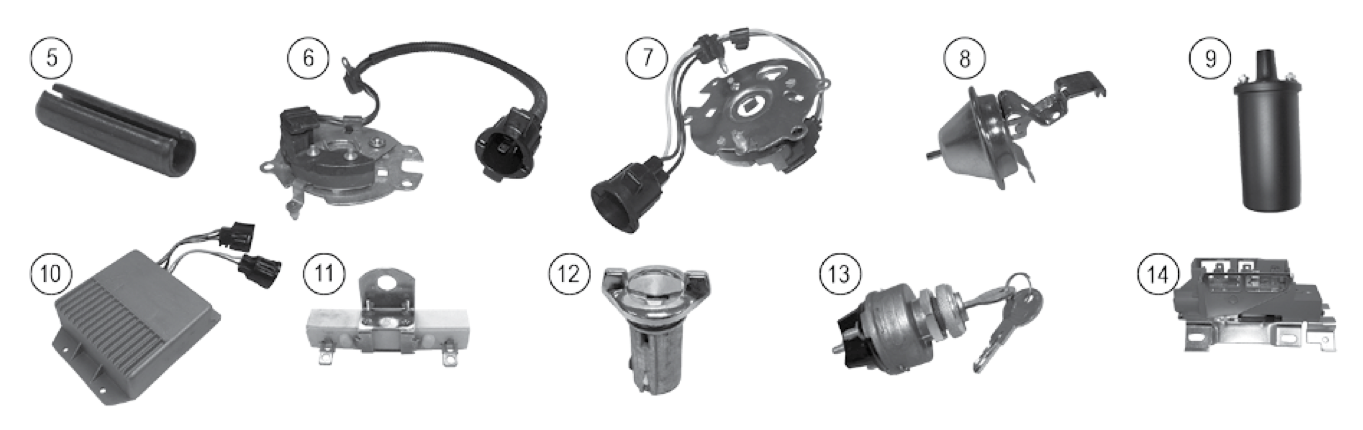 Ignition coils, modules, and switches. Numbered callouts match the table below.