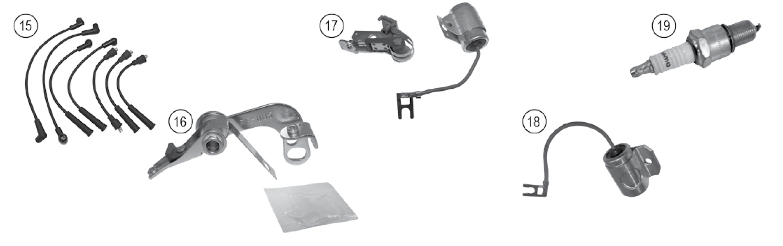 Ignition wires, points, condensers, and spark plugs. Numbered callouts match the table below.